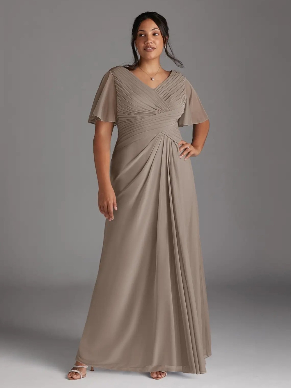 Azazie Taupe Maxi Dress with Flutter Sleeves